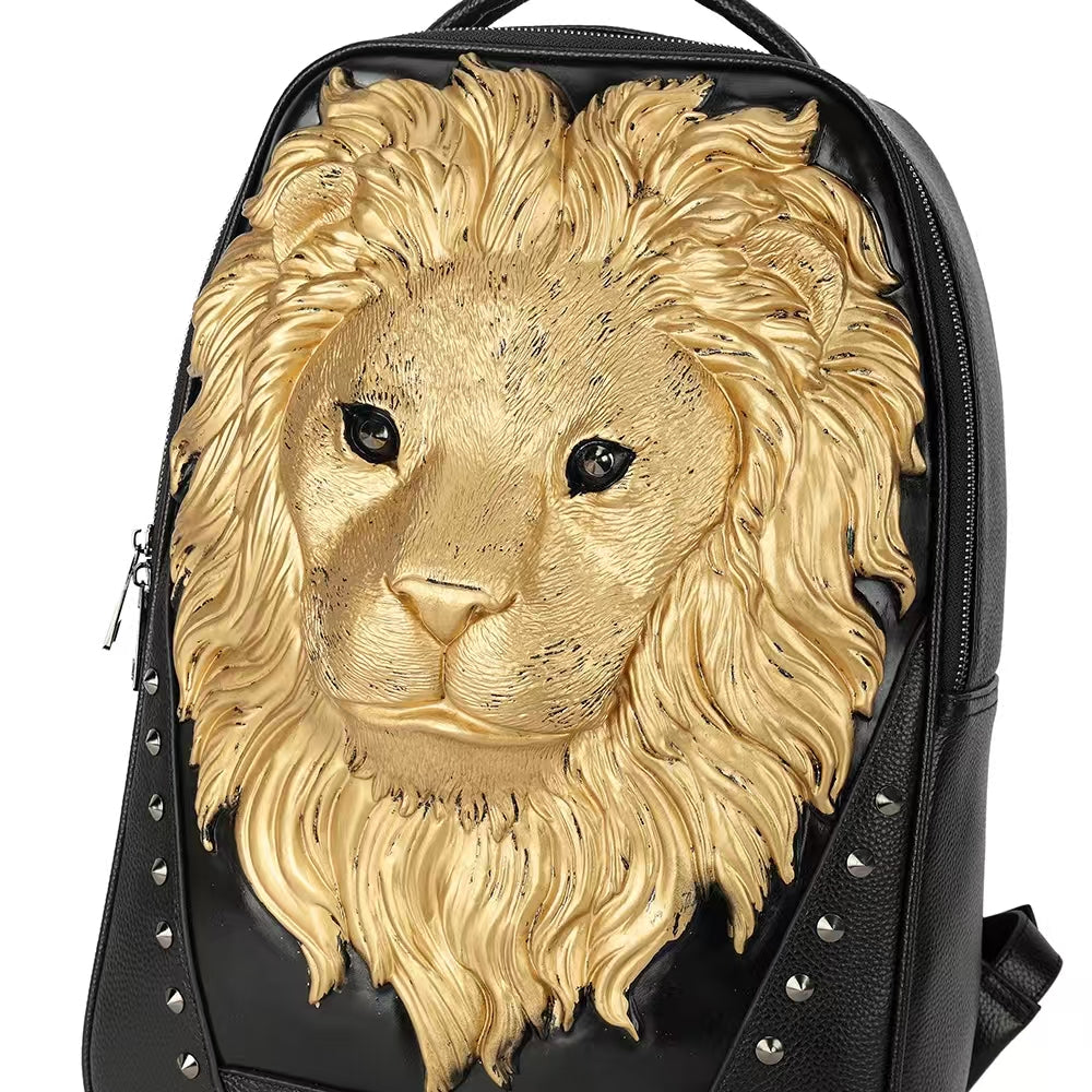 3D Leather Backpack 3D Lion Head Modeling outdoor Backpack Travel Computer Bags Small
