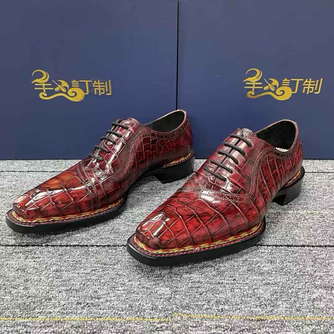 Crocodile Shoes, Men's Vintage Wine Red Norwegian Lace-Up Business Shoes