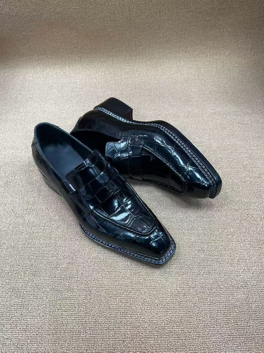 Preorder Crocodile Shoes Black Crocodile Leather Norwegian Sewn Dress Loafer Shoes