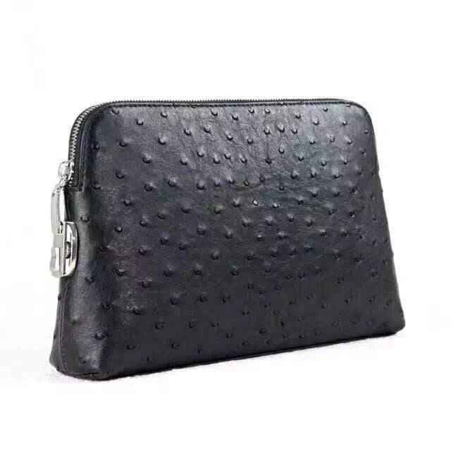 Genuine Ostrich Leather Shell Clutch Bag/Travel Case With Lock Black For Men