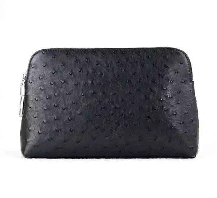 Genuine Ostrich Leather Shell Clutch Bag/Travel Case With Lock Black For Men