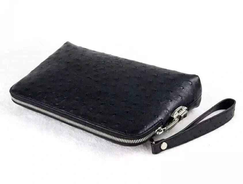 Genuine Ostrich Leather Shell Clutch Bag/Travel Case With Lock Black For Men