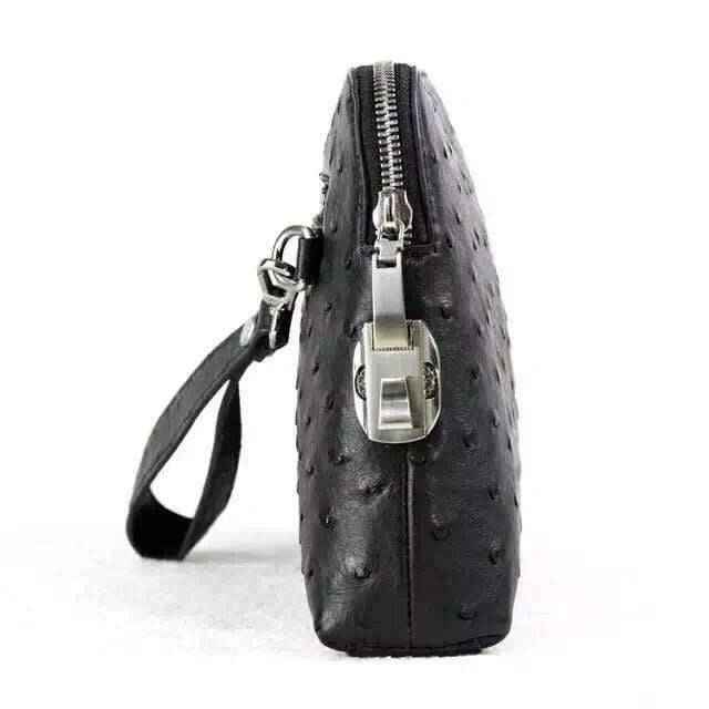 Genuine Ostrich Leather Shell Clutch Bag/Travel Case With Lock Black For Men
