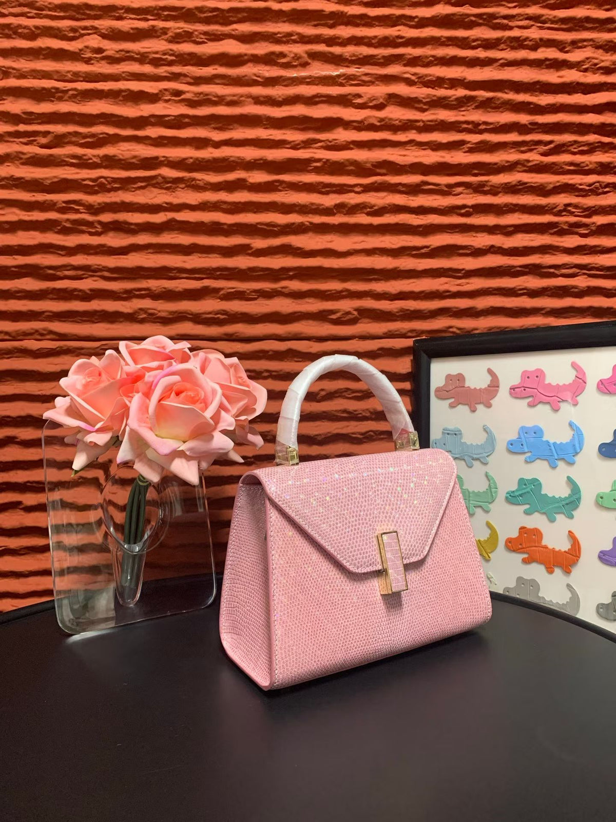 Women's Pink Sakura Lizard Skin Leather Top Handle Bags