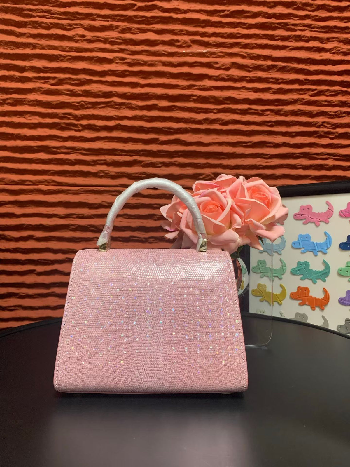 Women's Pink Sakura Lizard Skin Leather Top Handle Bags