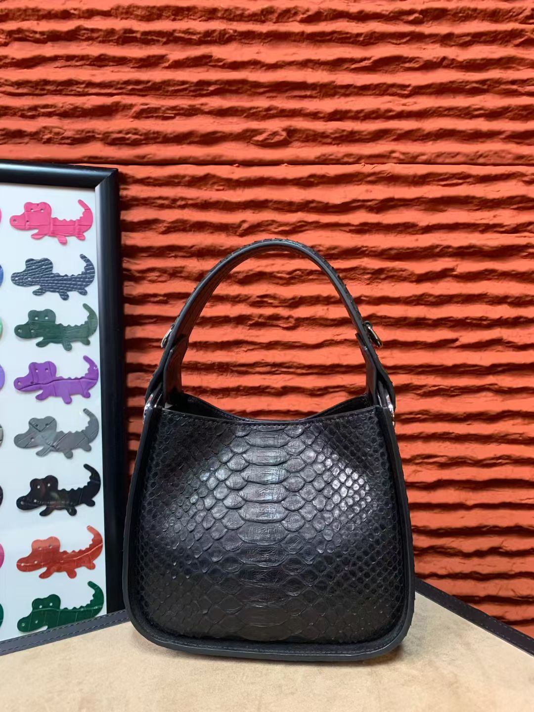 Genuine Python Skin Leather Underarm Cross Body Handle Bag Black