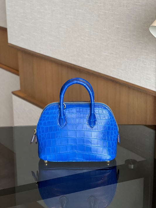 Womens Genuine Crocodile Skin Leather Cross Body Handle Bag Mini Blue