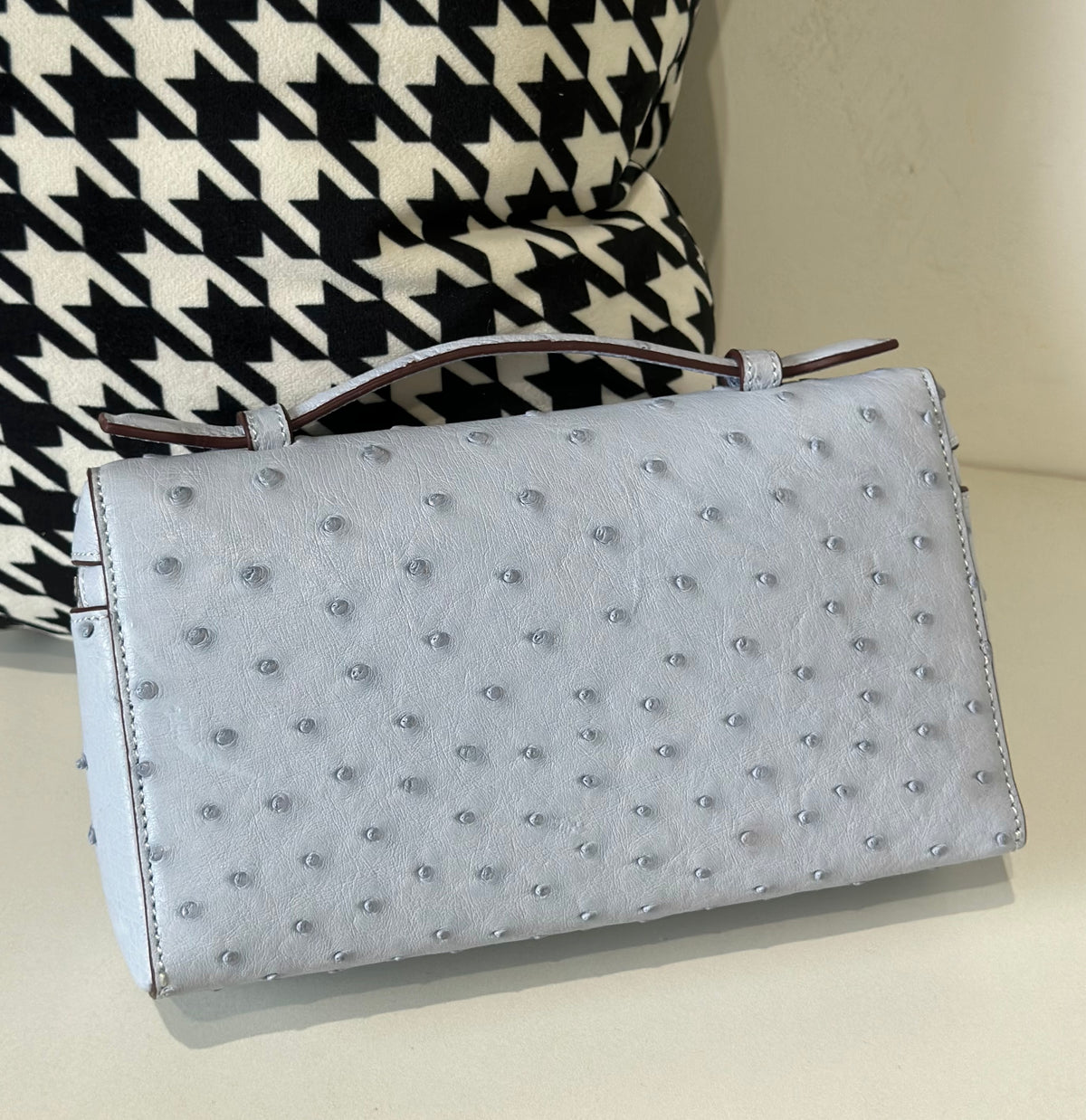 Genuine Ostrich Skin Leather Zipper Cosmetic Handle Bag