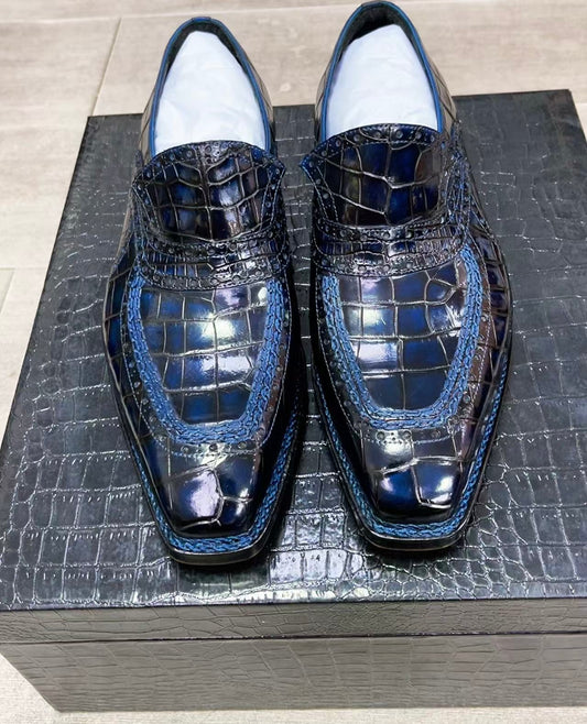 Preorder Crocodile Shoes Vintage Blue Crocodile Leather Norwegian Sewn Dress Loafer Shoes