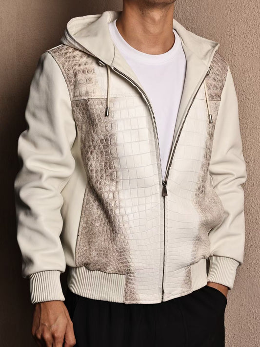 Men's Premium Himalayan Crocodile Skin Leather Hoodie Jacket , Genuine Lambskin Leather Hoodie Himalayan