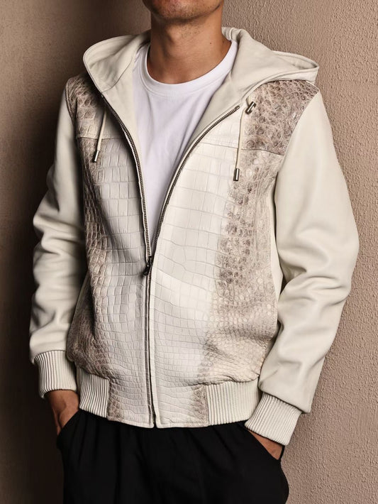 Men's Premium Himalayan Crocodile Skin Leather Hoodie Jacket , Genuine Lambskin Leather Hoodie Himalayan