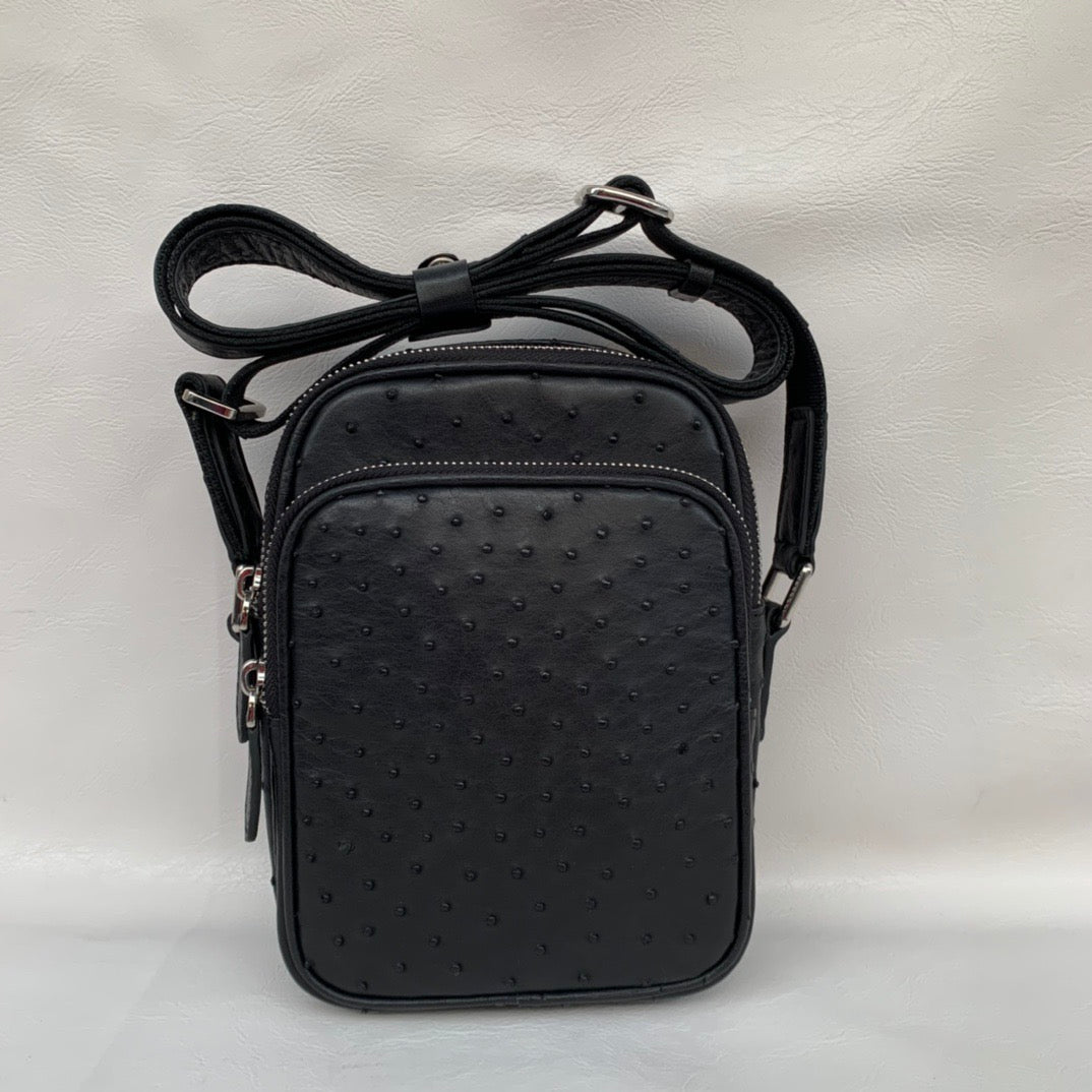 Men's Ostrich Skin Leather Cross Body Messenger Bag With Front Zip Pocket