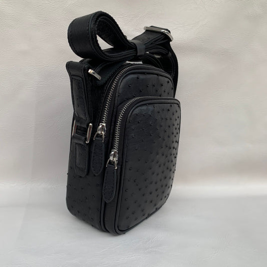 Men's Ostrich Skin Leather Cross Body Messenger Bag With Front Zip Pocket