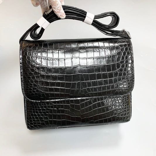 Unisex Genuine Crocodile Skin Leather Messenger Cross Body Bag Black