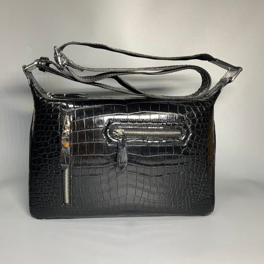 Unisex Genuine Crocodile Skin Leather Messenger Cross Body Bag Black