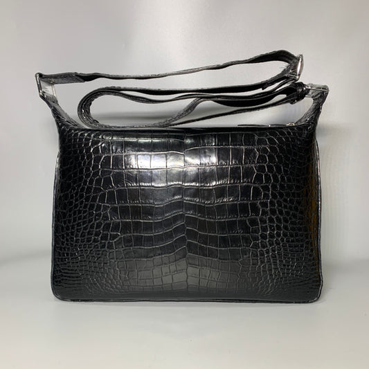 Unisex Genuine Crocodile Skin Leather Messenger Cross Body Bag Black