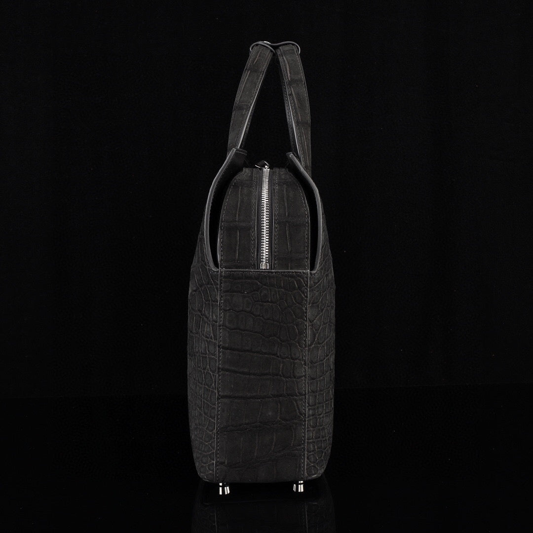 Nubuck Genuine Crocodile Skin Leather Top Handle Tote Duffel Bag Large Black