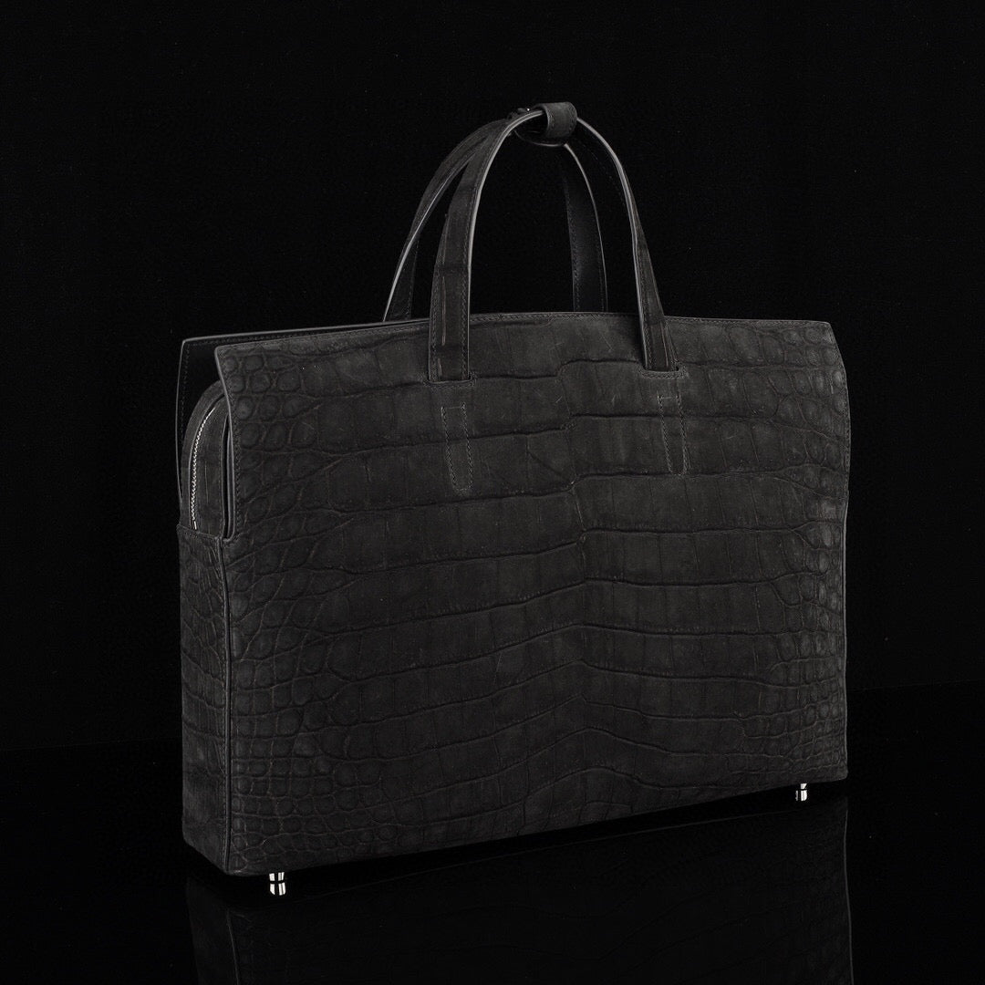 Nubuck Genuine Crocodile Skin Leather Top Handle Tote Duffel Bag Large Black