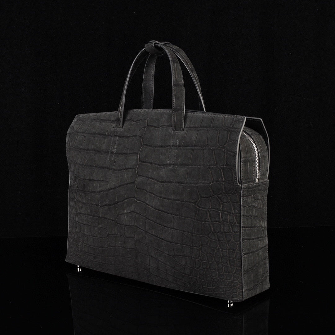 Nubuck Genuine Crocodile Skin Leather Top Handle Tote Duffel Bag Large Black