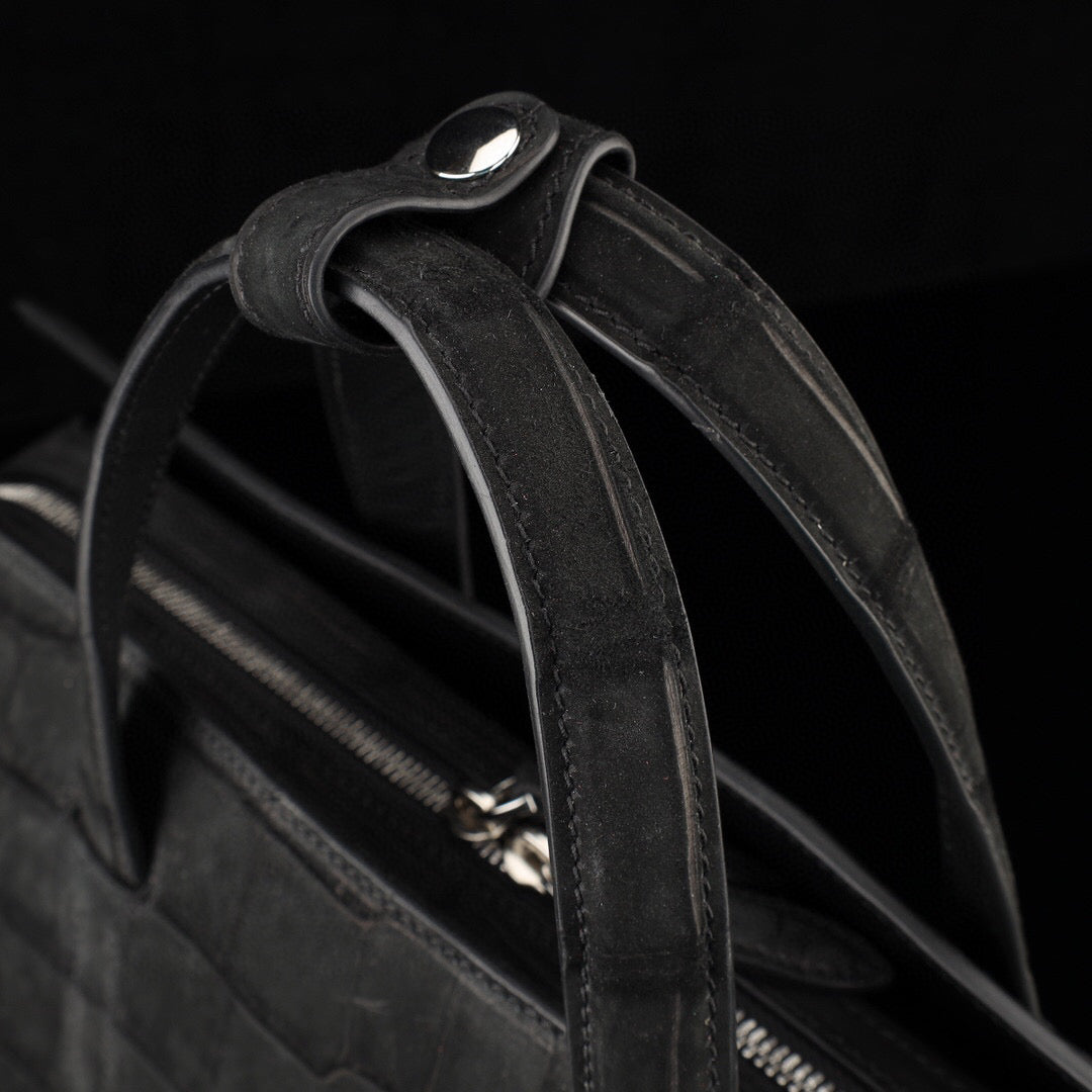 Nubuck Genuine Crocodile Skin Leather Top Handle Tote Duffel Bag Large Black