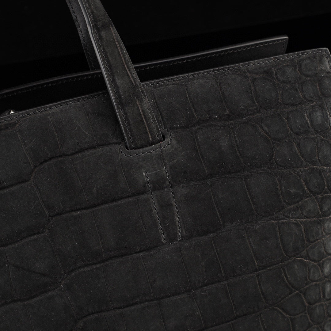 Nubuck Genuine Crocodile Skin Leather Top Handle Tote Duffel Bag Large Black