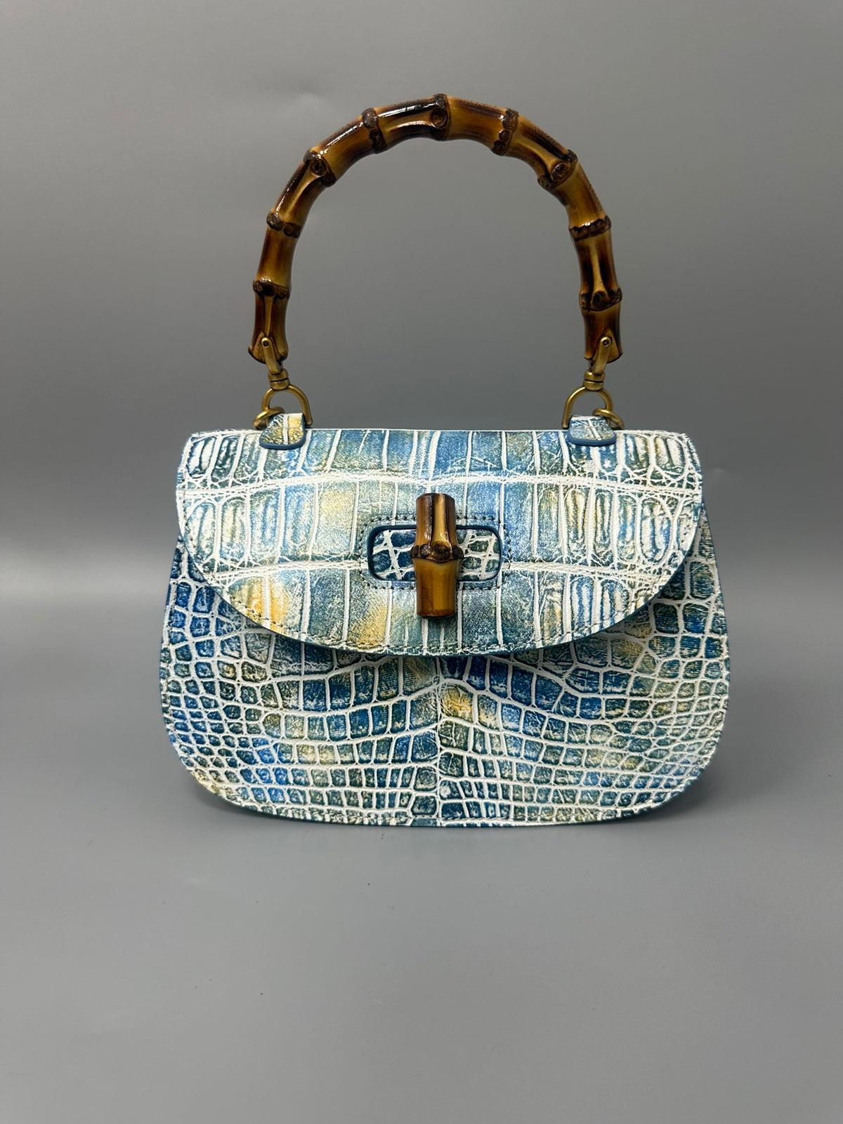 Brushed Crocodile Skin Leather Bamboo Top Handle Cross Body Bag