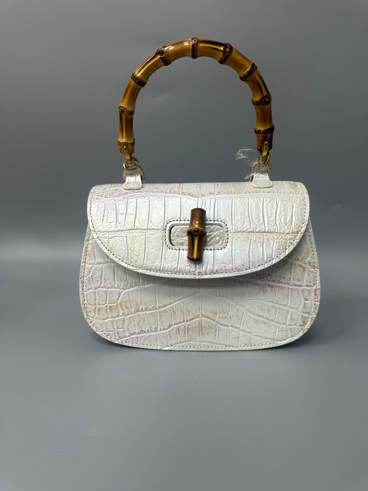 Brushed Crocodile Skin Leather Bamboo Top Handle Cross Body Bag