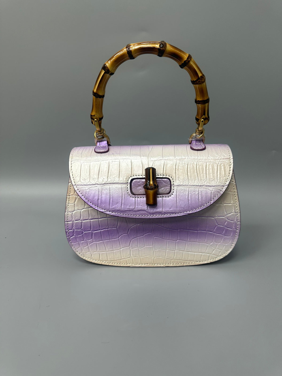 Brushed Crocodile Skin Leather Bamboo Top Handle Cross Body Bag