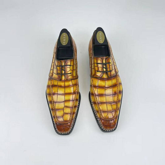 Crocodile Shoes Men's Crocodile Leather Norwegian Stitching Fiddleback Sole Lace Up Dress Shoes Vintage Amber Yellow