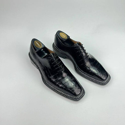 Crocodile Shoes Men's Crocodile Leather Norwegian Sewn Seam 4 Lines Sole Lace Up Dress Shoes Black