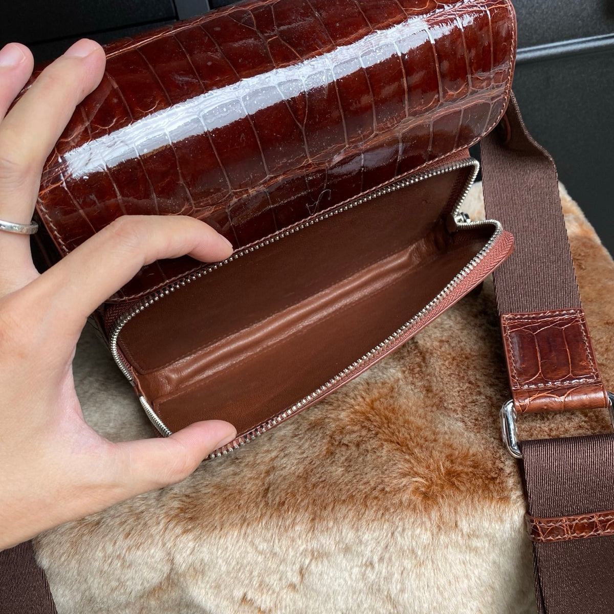 High Shiny Genuine Crocodile Skin Leather Cross Body Shoulder Bag