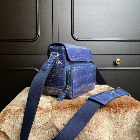 High Shiny Genuine Crocodile Skin Leather Cross Body Shoulder Bag Blue