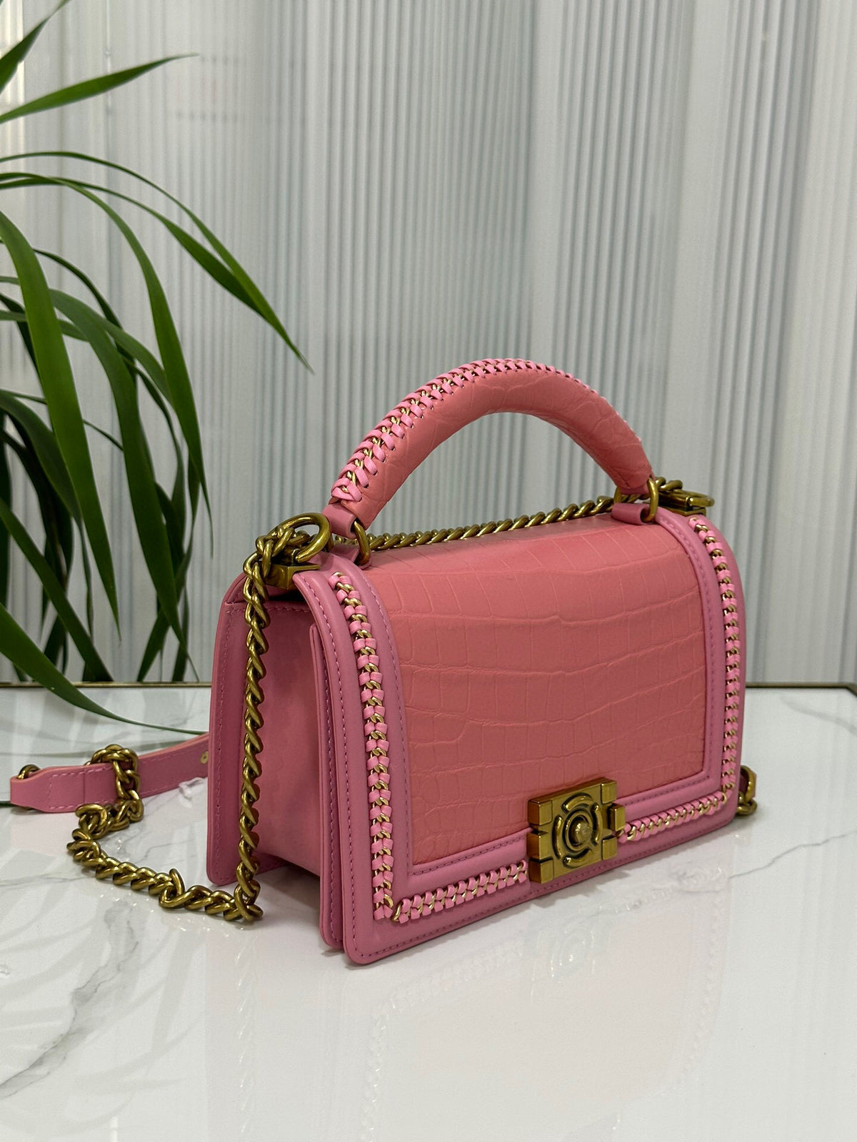 Genuine Crocodile Leather Top Handle Cross Body Flap Chain Bag Pink