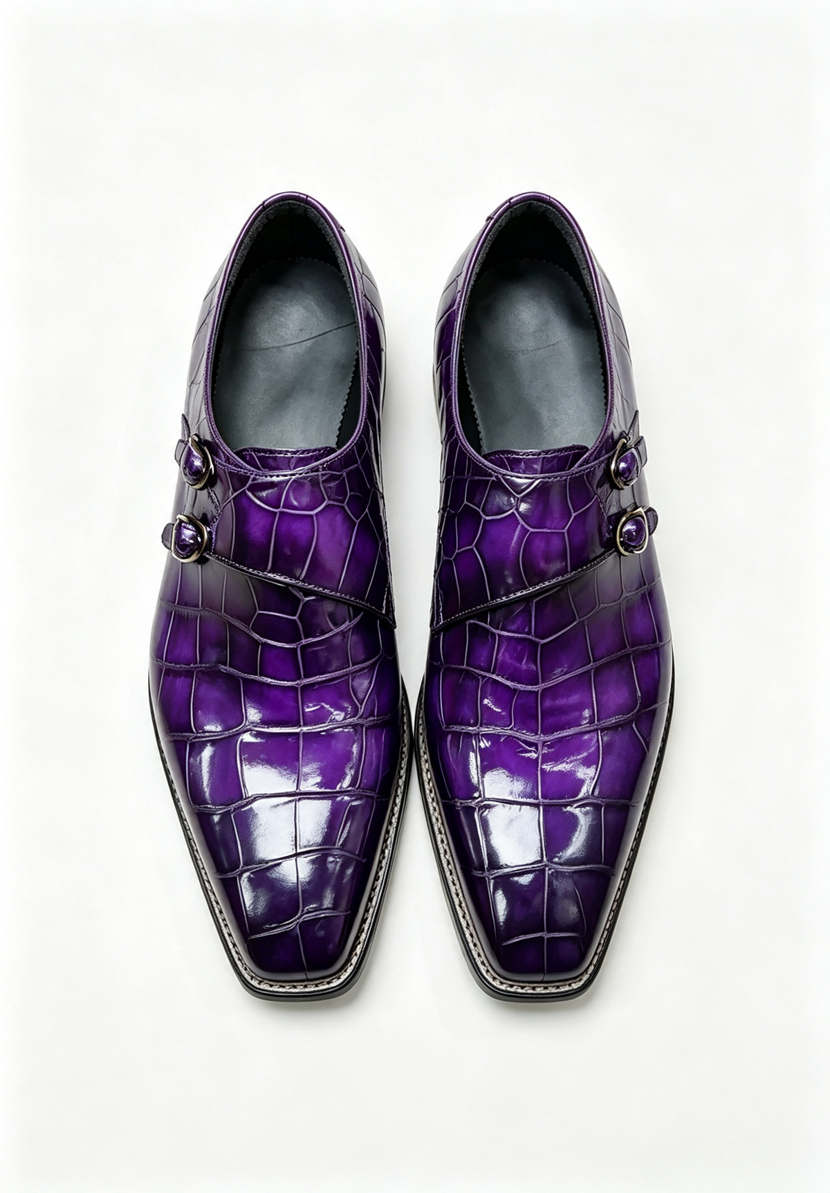 Men's Norwegian Sewn Crocodile Leather Double Monk Strap Business Dress Shoes Purple