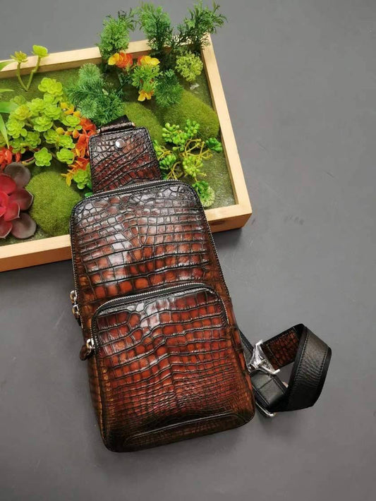 Vintage Brown Genuine Crocodile Skin Leather Chest Sling Shoulder Bag