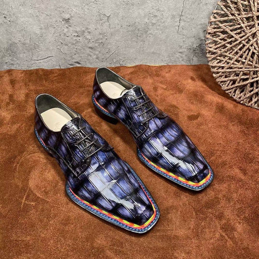 Preorder Crocodile Shoes Men's Crocodile Leather Norwegian Stitching Lace Up Dress Shoes Vintage Grey
