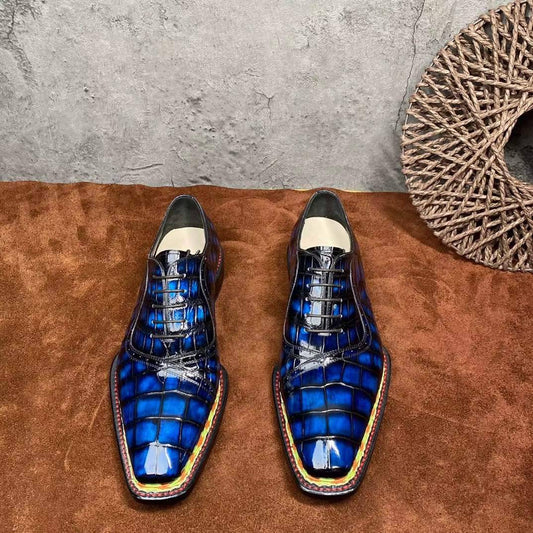 Preorder Crocodile Shoes Men's Crocodile Leather Norwegian Stitching Lace Up Dress Shoes Vintage Blue