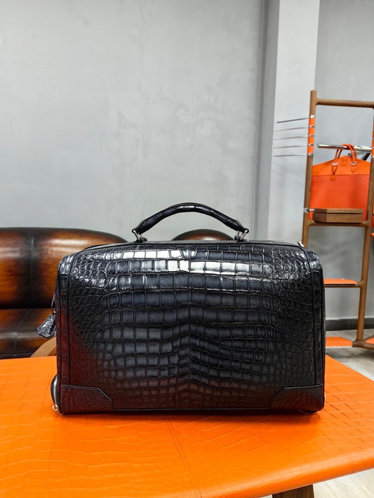 Unisex Genuine Crocodile Skin Leather Large Duffel Roller Handle Shoulder Business Travel Bag Vintage Grey