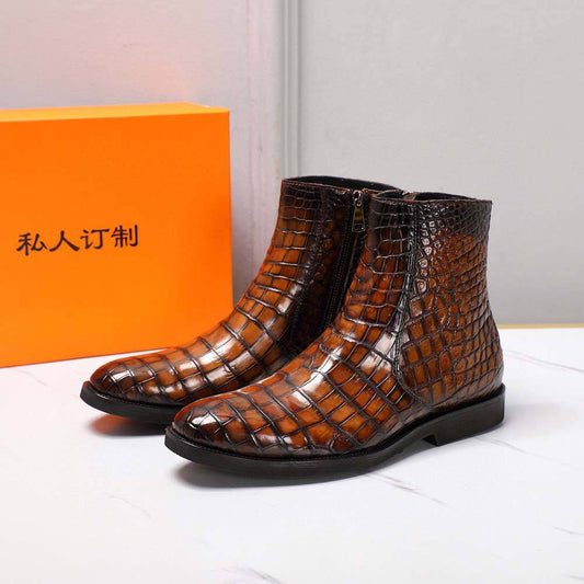 Preorder crocodile Shoes Men's Crocodile Leather Side Zipper Chelsea Boots Vintage Brown
