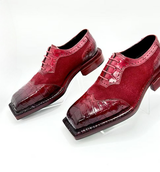 Genuine Crocodile Leather Square-Toe Classic Lace -Up Dress Shoes Wine Red & Vintage Tan