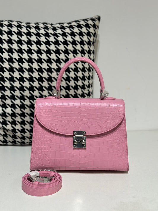Crocodile Leather Top Handle Bag Pink