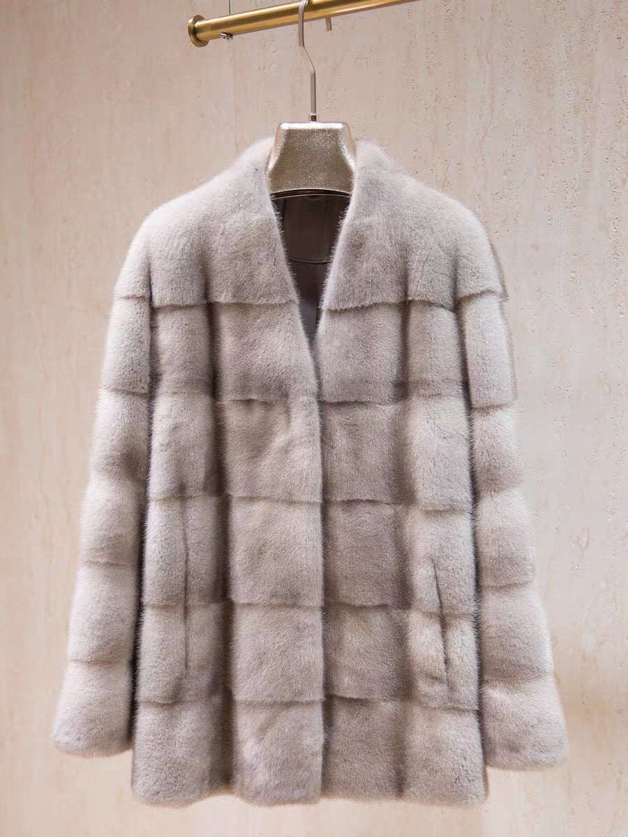 Women's Real Whole Mink Fur Coat,V-Neck Horizontal Panel Mink Jacket