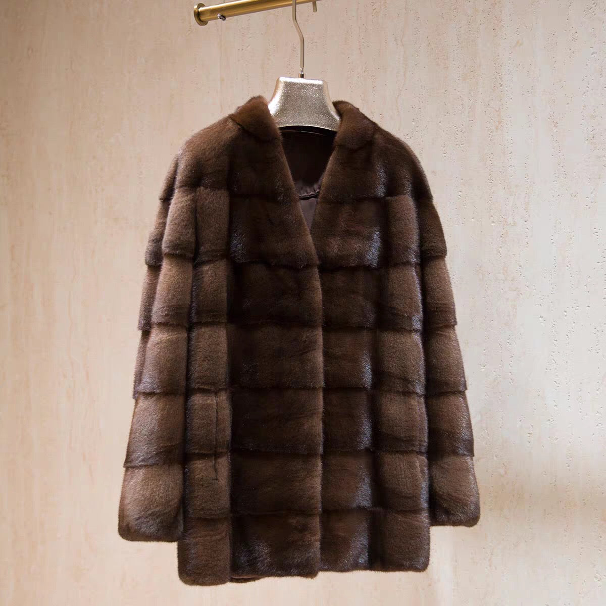 Women's Real Whole Mink Fur Coat,V-Neck Horizontal Panel Mink Jacket