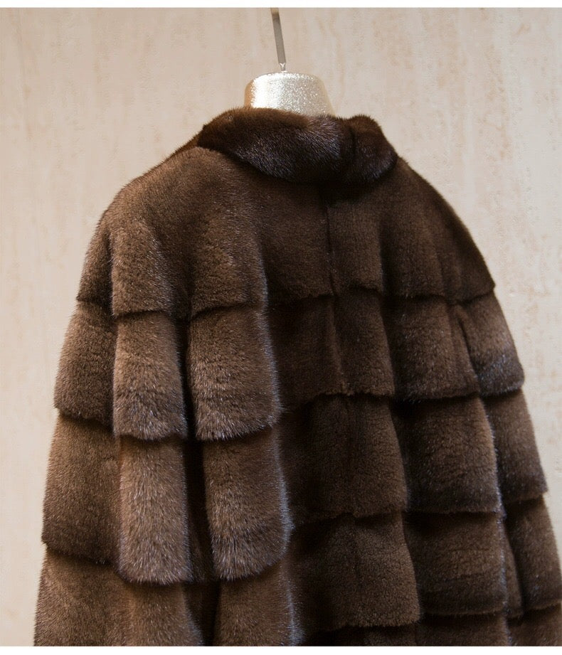 Women's Real Whole Mink Fur Coat,V-Neck Horizontal Panel Mink Jacket