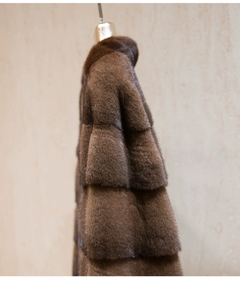 Women's Real Whole Mink Fur Coat,V-Neck Horizontal Panel Mink Jacket
