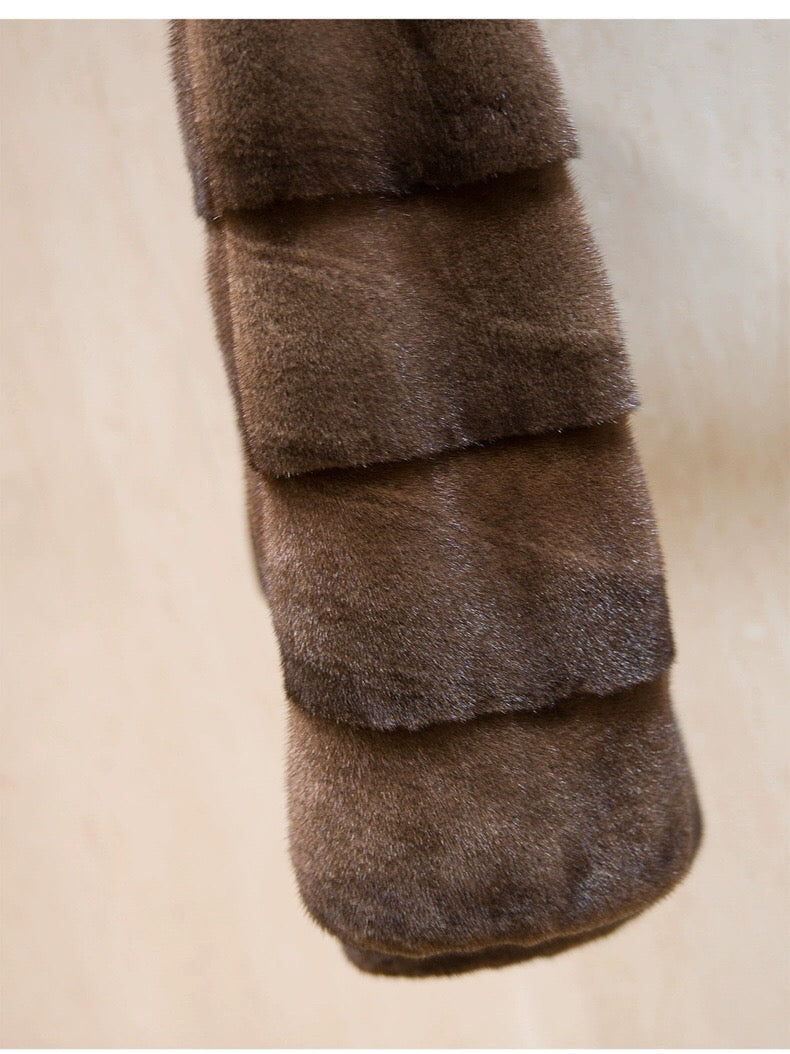 Women's Real Whole Mink Fur Coat,V-Neck Horizontal Panel Mink Jacket