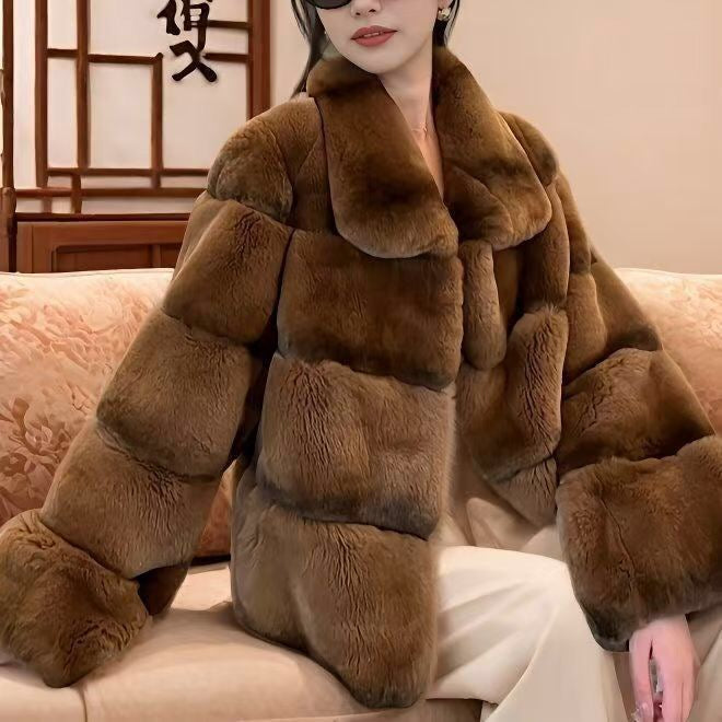 Women's Brown Chinchilla Dyed Rex Rabbit Fur Jacket