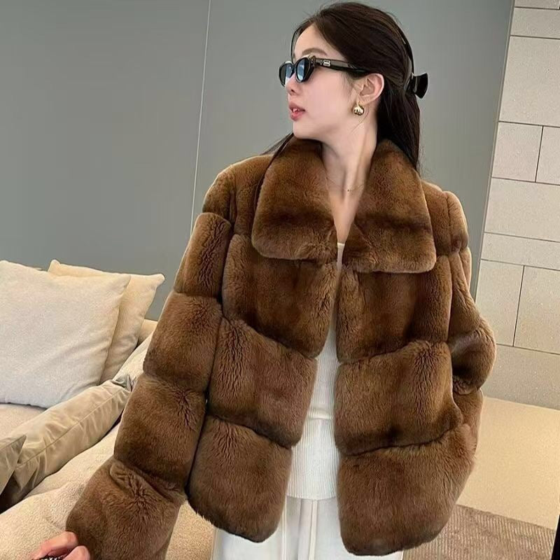 Women's Brown Chinchilla Dyed Rex Rabbit Fur Jacket