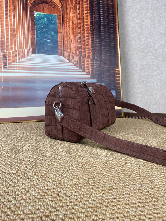 Men's Nubuck Crocodile Leather Crossbody Bag Brown
