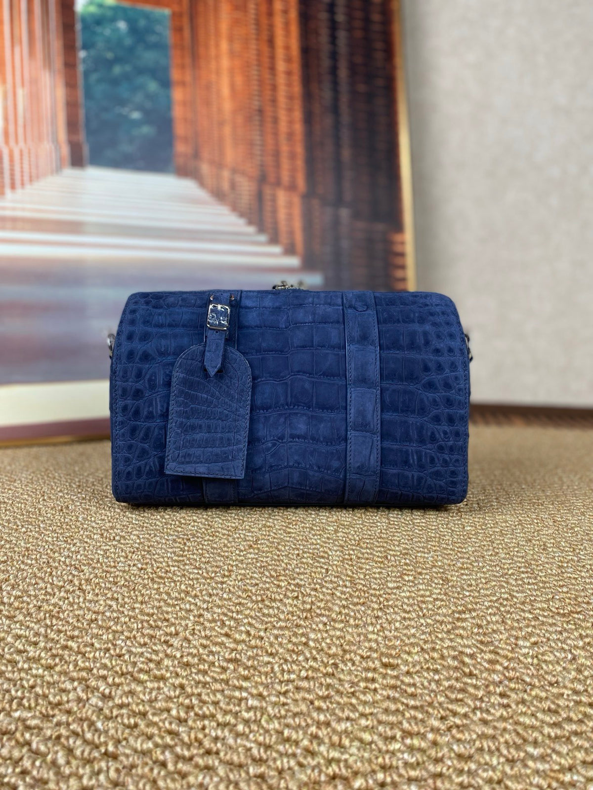 Men's Nubuck Crocodile Leather Crossbody Bag Blue